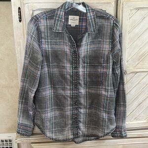 AEO Button Down Shirt Gray Pastel Colors Size Small